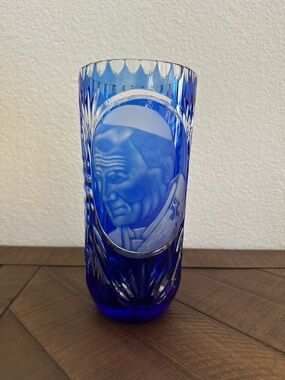 Cobalt Blue Etched Crystal Decorative Vase John Paul II Pope Poland